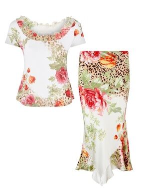 Roberto Cavalli S/S 2002 Floral Leopard Top & Silk Skirt Set